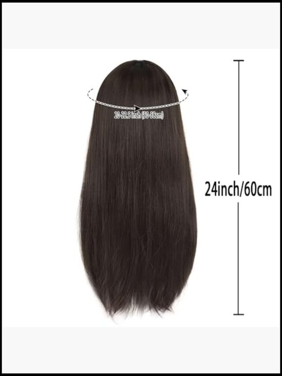 24 Inch Long Straight Wig With Bangs Dark Brown Natural Daily Wear Party main image 4